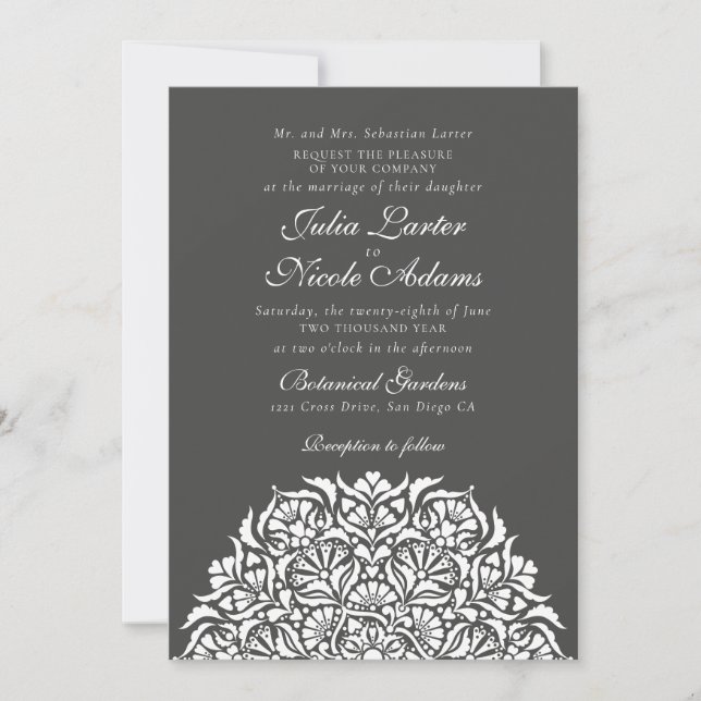 Charcoal Grey Whimsical Floral Mandala Wedding Invitation (Front)