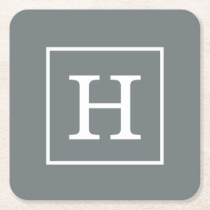 Charcoal Grey White Framed Initial Monogram Square Paper Coaster