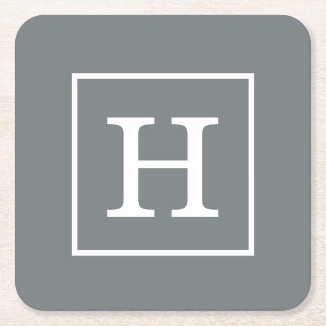 Charcoal Grey White Framed Initial Monogram Square Paper Coaster (Front)