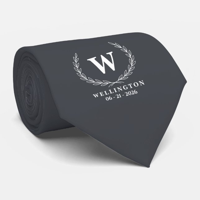 Charcoal Grey White Laurel Monogram Wedding Name Tie (Rolled)