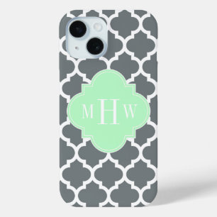 Charcoal Grey White Moroccan #5 Mint Name Monogram iPhone 15 Case