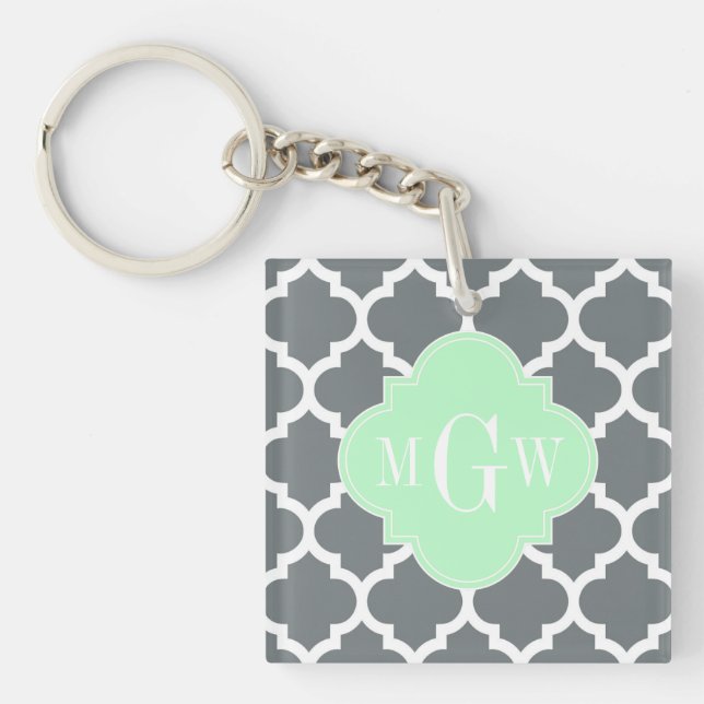 Charcoal Grey White Moroccan #5 Mint Name Monogram Key Ring (Front)