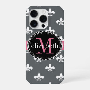 Charcoal Grey White Pink Fleur de Lis Monogram iPhone 16 Pro Case