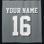Charcoal Grey White Sports Jersey Team Jersey Shower Curtain<br><div class="desc">Preppy Solid Colour Team Jersey / Sports Jersey / Football Jersey / Rugby Jersey with Custom Name Customise this with your own name or team name and a number. You can change the size, colour and placement of the text if you need to make changes, change the colour of or...</div>