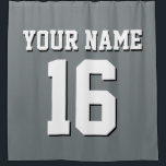 Charcoal Grey White Sports Jersey Team Jersey Shower Curtain<br><div class="desc">Preppy Solid Colour Team Jersey / Sports Jersey / Football Jersey / Rugby Jersey with Custom Name Customise this with your own name or team name and a number. You can change the size, colour and placement of the text if you need to make changes, change the colour of or...</div>