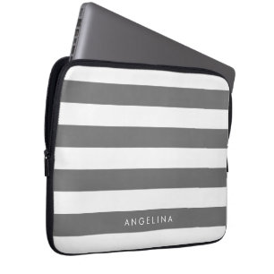 Charcoal Grey White Striped Pattern Custom Name Laptop Sleeve