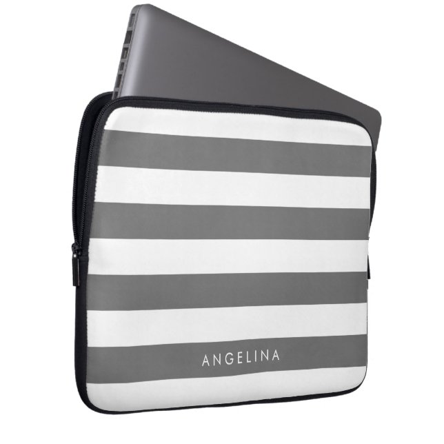 Charcoal Grey White Striped Pattern Custom Name Laptop Sleeve (Front Right)