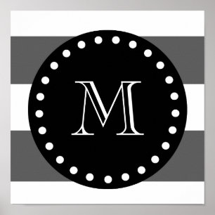 Charcoal Grey White Stripes Pattern, Black Monogra Poster