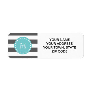 Charcoal Grey White Stripes Pattern, Teal Monogram