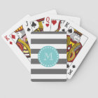 Charcoal Grey White Stripes Pattern, Teal Monogram