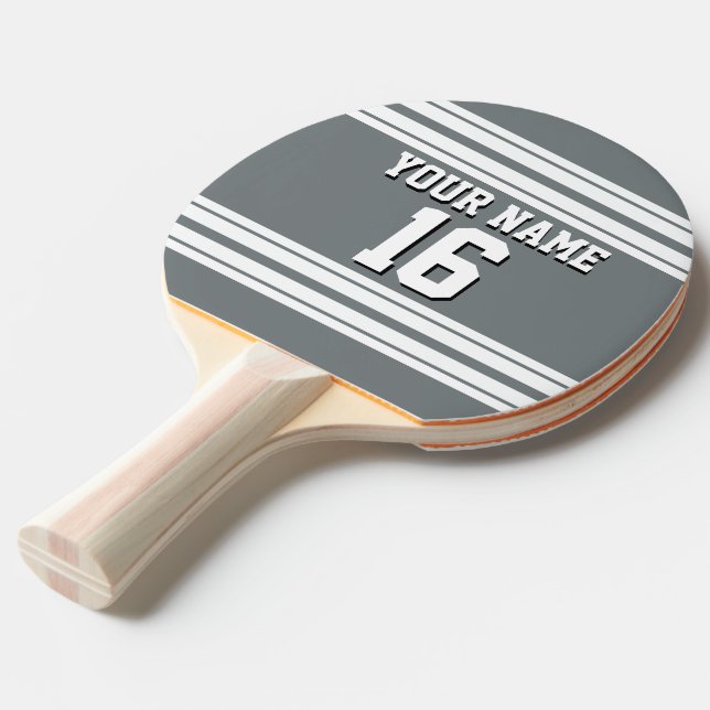 Charcoal Grey White Team Jersey Custom Number Name Ping Pong Paddle (Front Angle)