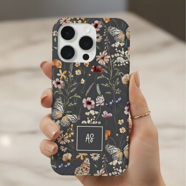 Charcoal Grey Wildflowers Floral Monogrammed iPhone Case (Creator Uploaded)