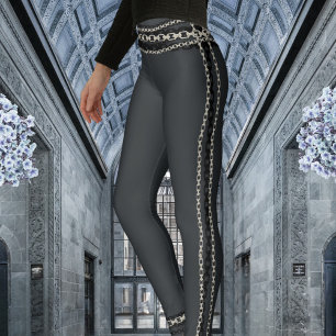 Charcoal Grey With Black & Silver Chain Trim Leggings