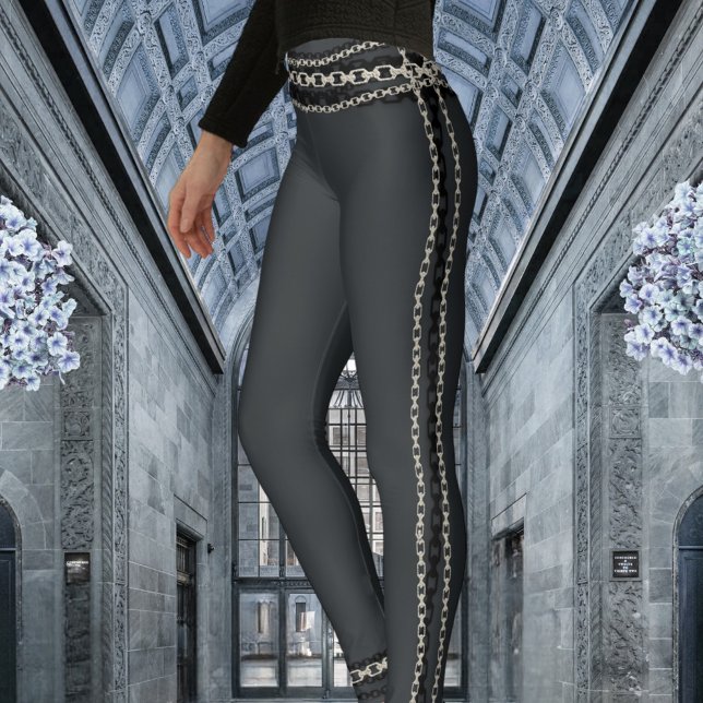 Charcoal Grey With Black & Silver Chain Trim Leggings (Creator Uploaded)