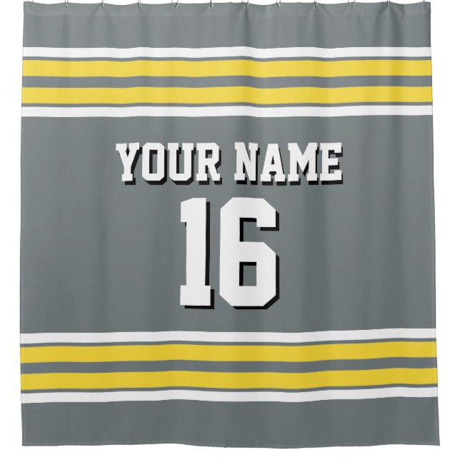 Charcoal Grey Yellow White Stripes Sports Jersey Shower Curtain (Front)