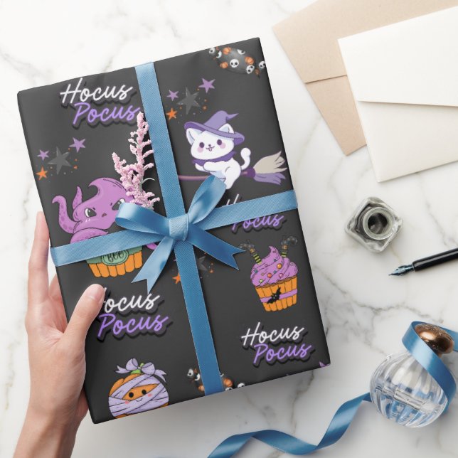 Charcoal Hocus Pocus cute Witch Cat Halloween Wrapping Paper (Gifting)
