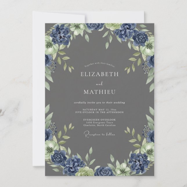 Charcoal Indigo Leafy Wedding Invitation (Front)