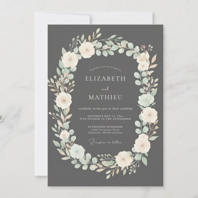 Charcoal Ivory Cream Wreath Wedding Invitation (Front)