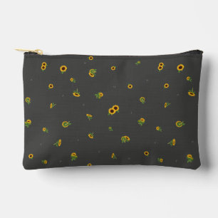 Charcoal Japanese Sunflower Floral Pattern Accessory Pouch