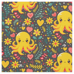 Charcoal Kawaii Octopus Floral Sea Garden Fabric