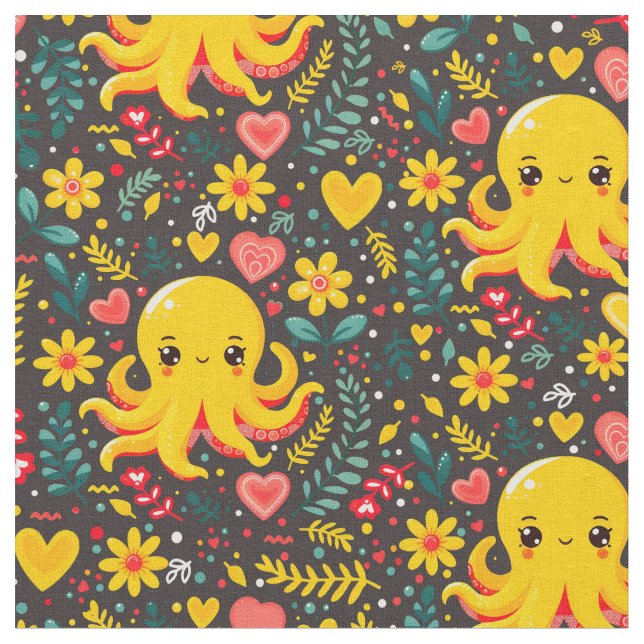 Charcoal Kawaii Octopus Floral Sea Garden Fabric (Close Up)
