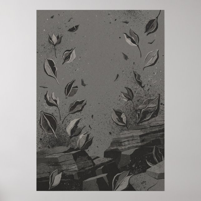 Charcoal Leaves Concrete Ruins Abstract Art Poster (Front)
