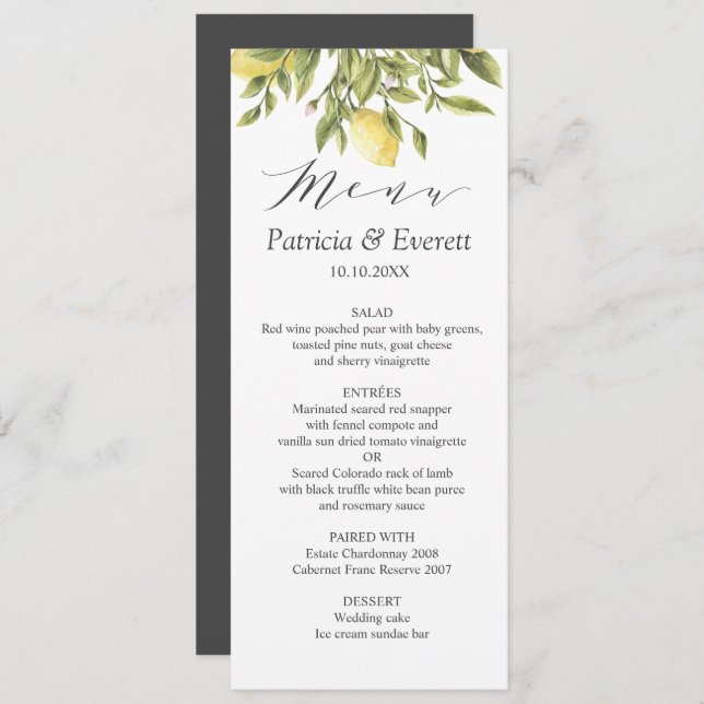 Charcoal | Lemons and Leaves Boho chic Wedding Invitation (Front/Back)