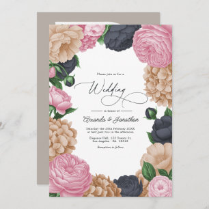 Charcoal, Light Taupe & Peony Pink Floral Wedding Invitation
