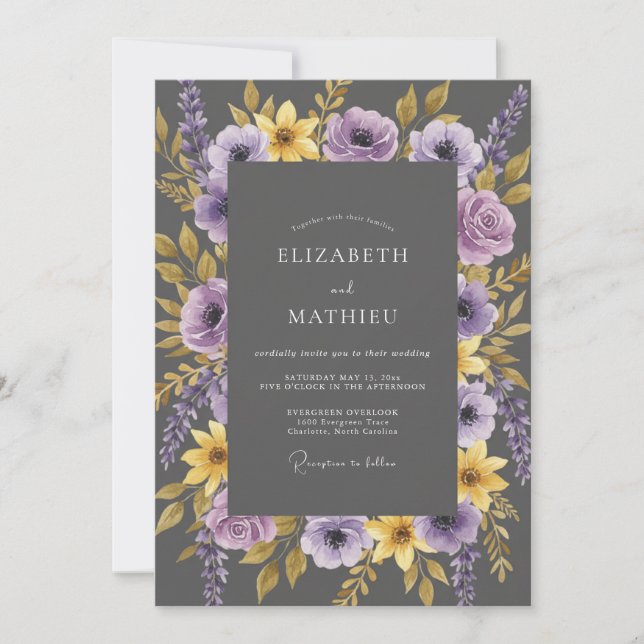Charcoal Lilac Yellow Eucalyptus Wedding Invitation (Front)