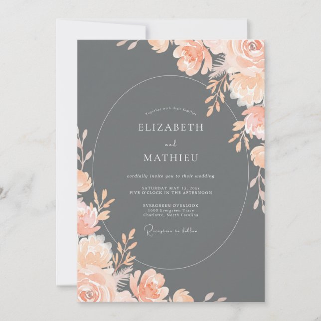 Charcoal Luminous Peach Floral Wedding Invitation (Front)