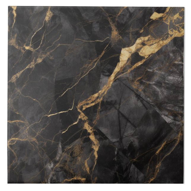 Charcoal Marble with Branching Gold Veins Tile (Front)