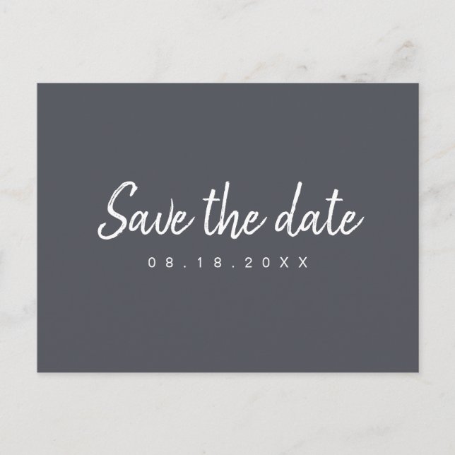 Charcoal minimalist script save the date announcement postcard (Front)