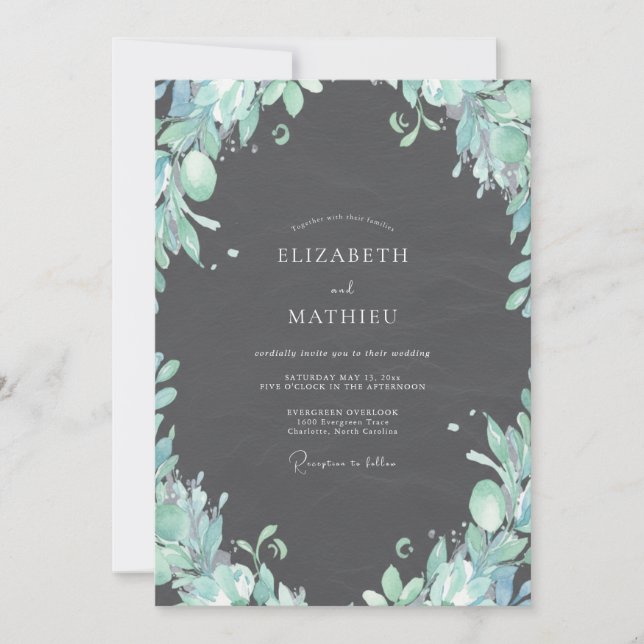 Charcoal Mint Foliage Eucalyptus Wedding Invitation (Front)
