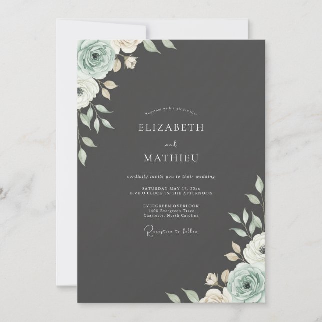 Charcoal Mint Ranunculus Eucalyptus Wedding Invitation (Front)
