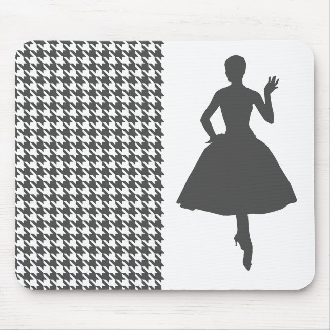 Charcoal Modern Houndstooth w/ Fashion Silhouette Mouse Pad (Front)