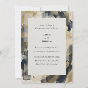 Charcoal Navy Gold Abstract Watercolor Wedding Invitation