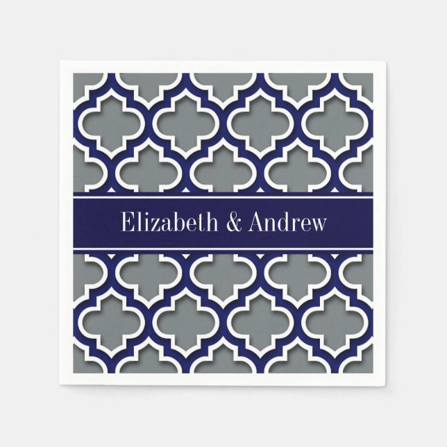 Charcoal Navy Wht Moroccan #5DS Navy Name Monogram Napkin (Front)