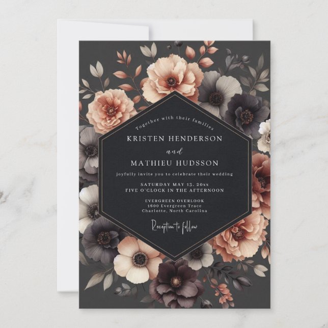 Charcoal Nocturnal Bloom Wedding Invitation (Front)