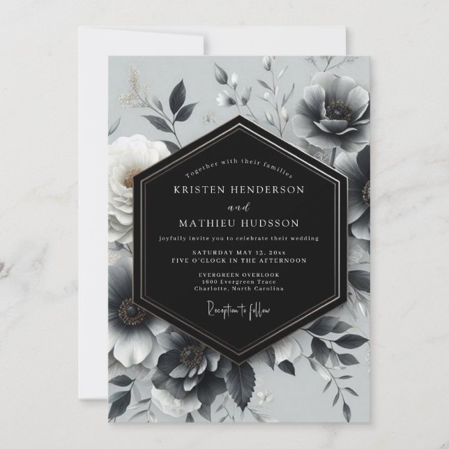 Charcoal Noir Bloom Wedding Invitation (Front)