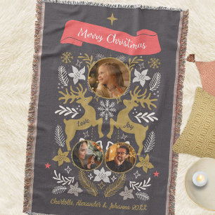 Charcoal Nordic Folk Reindeer 3 Photo Christmas Throw Blanket