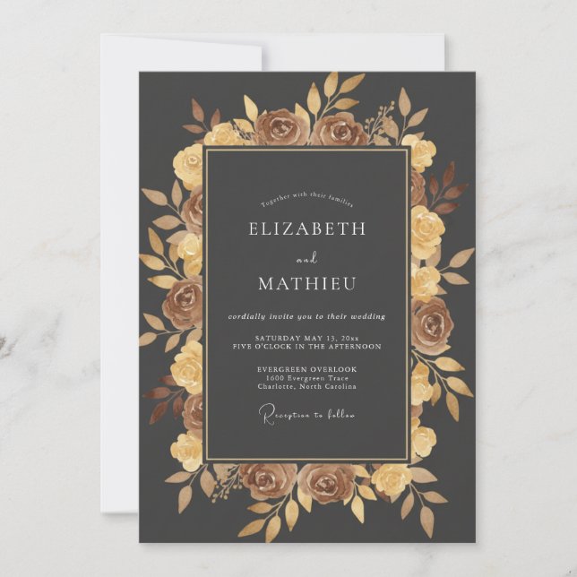 Charcoal Ochre Leafy Wedding Invitation (Front)