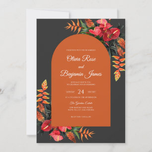 Charcoal Orange Tropical Sage Wedding Invitation