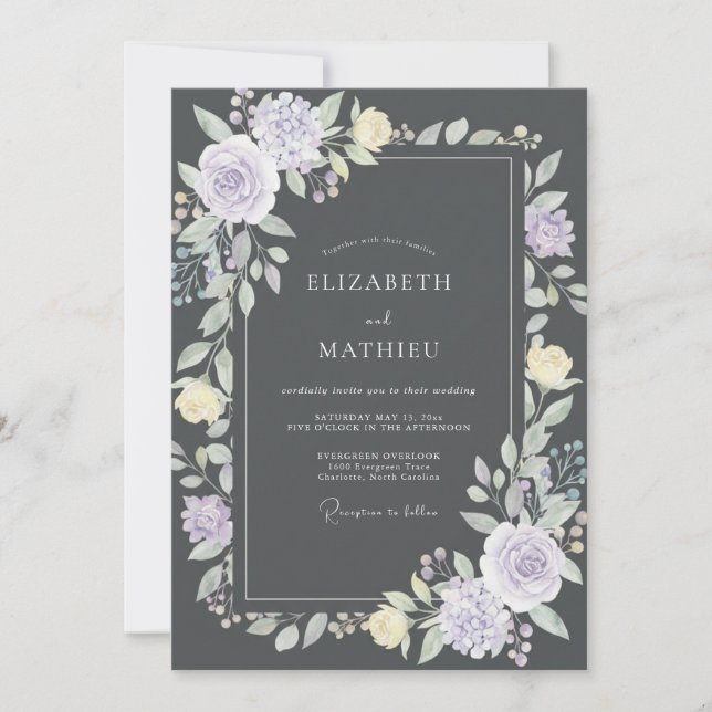 Charcoal Pale Lilac Petal Wedding Invitation (Front)