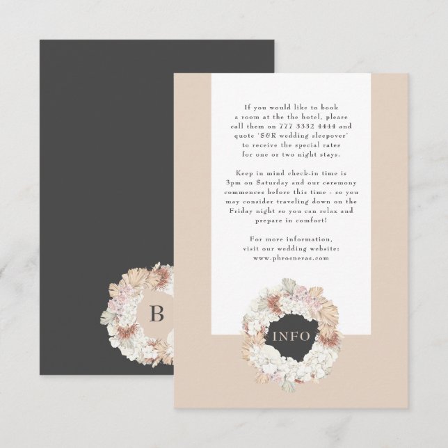 Charcoal Pampas Wreath Cream Boho Monogram Wedding Enclosure Card (Front/Back)