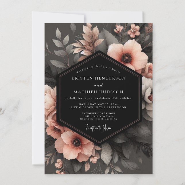 Charcoal Peach Shadowy Flora Wedding Invitation (Front)