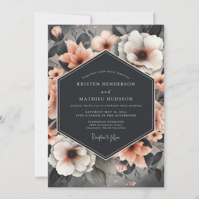 Charcoal Peach Still Life Wedding Invitation (Front)