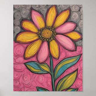 Charcoal Pencil Flowers- Stained Glass Daisy  Poster