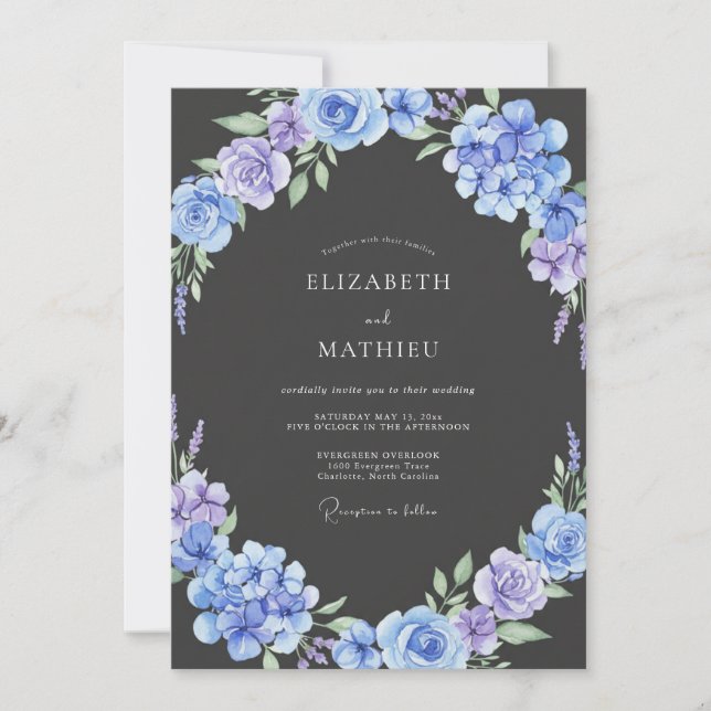 Charcoal Periwinkle Hydrangea Eucalyptus Wedding Invitation (Front)