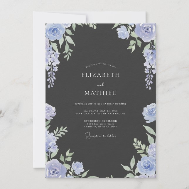 Charcoal Periwinkle Leafy Wedding Invitation (Front)