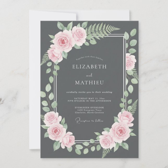 Charcoal Pink Fern Wedding Invitation (Front)
